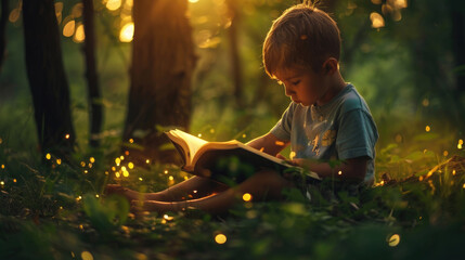 A young boy sitting in the grass, engrossed in reading a book