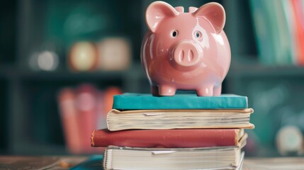 A piggy bank sitting on a stack of textbooks, symbolizing education savings