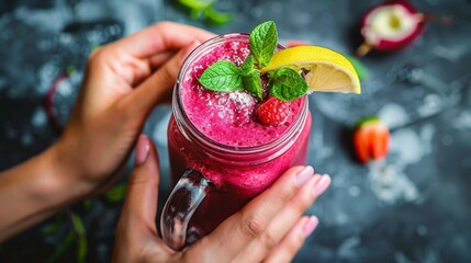 Hands holding a mason jar filled with a vibrant pink berry smoothie, topped with a sprig of mint and a slice of lemon for an extra burst of flavor. - obrazy, fototapety, plakaty