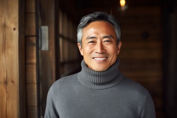 Fototapeta premium Portrait of a cheerful asian man in his 50s wearing a classic turtleneck sweater over rustic wooden wall