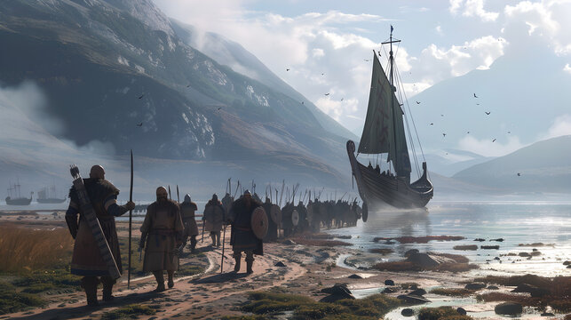 An epic shot of a Viking longship approaching the shore, with warriors ready to disembark.


