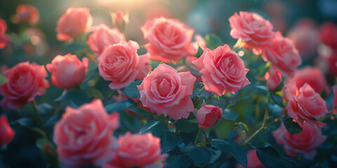 Glowing Coral Roses Blooming in Enchanted Evening Light