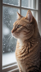 Red Tabby Cat Gazing Out Snowy Window
