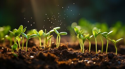 Small green plant sprouts grow after the rain In the spring, nature sunny blurred background, natural colors, copy space. Earth day concept. Generative ai