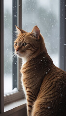 Red Tabby Cat Gazing Out Snowy Window