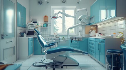 Empty clean dental office with dental machine. dental chair and medical diagnosis machine equipment. Generative ai