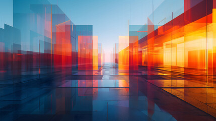 Abstract background of square hanging with many rectangular glass panels with colorful gradient...