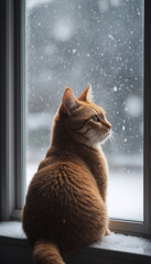 Red Tabby Cat Gazing Out Snowy Window