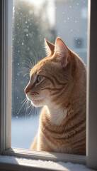 Red Tabby Cat Gazing Out Snowy Window