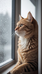 Red Tabby Cat Gazing Out Snowy Window