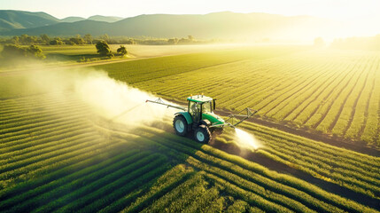 A tractor diligently sprays pesticide on a vast field to protect crops from harm and ensure healthy growth