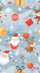 A vibrant Christmas greeting card or wallpaper featuring festive characters such as Santa Claus, reindeer, snowmen, with a Christmas tree decorated with stars and gifts.