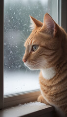 Red Tabby Cat Gazing Out Snowy Window