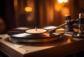 Obraz premium Record player, vinyl disc player in soft lighting.