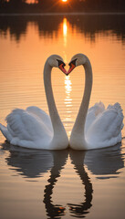 Romantic Swan Silhouettes at Sunset on Lake