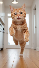 Playful Orange Tabby Cat Leaping in Hallway