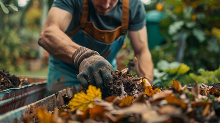 Fototapeta premium Man gardener composting food waste in backyard, Organic waste for compost, Eco-Friendly Gardening and Recycling concept. Generative ai