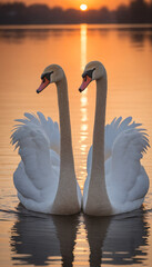 Romantic Swan Silhouettes at Sunset on Lake