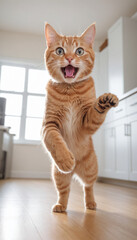 Playful Orange Tabby Cat Leaping in Hallway