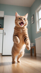 Playful Orange Tabby Cat Leaping in Hallway