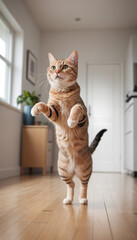 Playful Orange Tabby Cat Leaping in Hallway