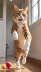 Playful Orange Tabby Cat Leaping in Hallway