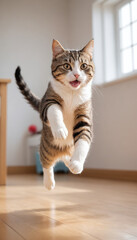 Playful Brown Tabby Cat Leaping in Hallway