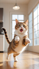 Playful Orange Tabby Cat Leaping in Hallway