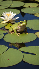Green Frog on Water Lily in Pond