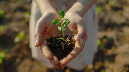 woman holds hands with soil sprouts