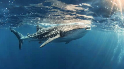 Majestic whale shark gracefully gliding through clear blue waters, showcasing its immense size and peaceful demeanor, a true marvel of the ocean.