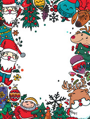 A vibrant Christmas greeting card or wallpaper featuring festive characters such as Santa Claus, reindeer, snowmen, with a Christmas tree decorated with stars and gifts.