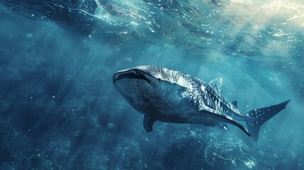 Fototapeta premium Majestic whale shark gracefully gliding through clear blue waters, showcasing its immense size and peaceful demeanor, a true marvel of the ocean.