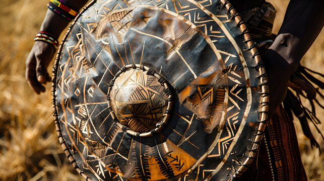 A close-up of a Zulu warrior's shield, decorated with intricate patterns and symbols. Epic shot.


