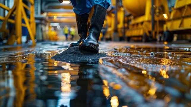 Absorbent Application: A real photo shot showcasing the application of absorbent materials, like sand or specialized pads, to absorb and contain spilled chemicals.