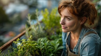 Fototapeta premium Woman in small green space on the rooftop garden, showcasing sustainable urban agriculture. Generative ai.
