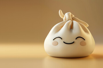 Smiling dumpling character. 3D illustration of cute food with a happy face on a beige background. Smiling dim sum character, copy space.