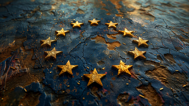 Abstract textured painting of EU flag with gold stars.