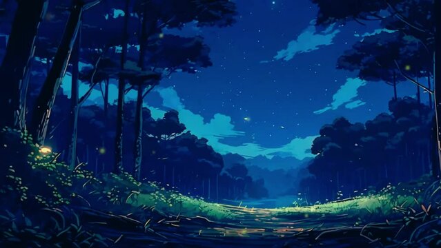 Lofi night forest with butterfly and clean sky with cloud, 2D Japanese Lo-fi Anime style Seamless loop hip-hop chill music lofi bites vibes Relaxing animation