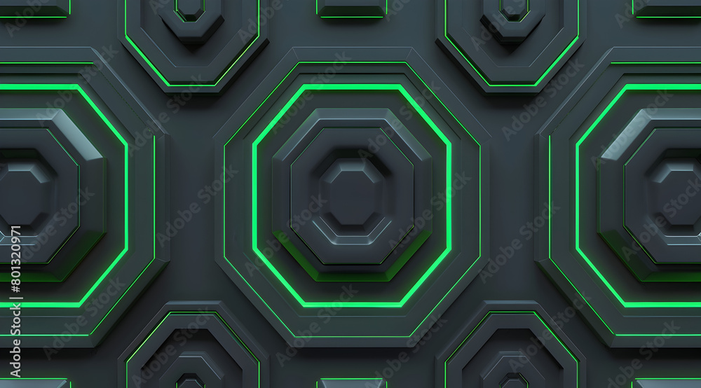 Wall mural a series of green and black geometric shapes are arranged in a pattern. the shapes are illuminated a