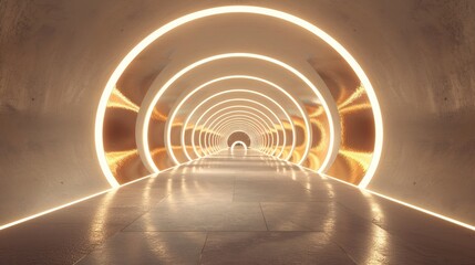 The image is a long, futuristic tunnel with glowing rings of light on the walls