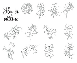flower outline or lineart full vector illustration isolated on a white background. set of flowers on transparent.
