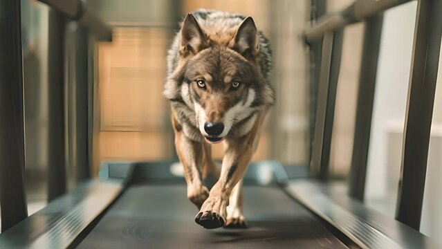 A wolf runs with fierce determination on a treadmill in a high-tech gym, symbolizing the blending of nature's instincts with modern training environments