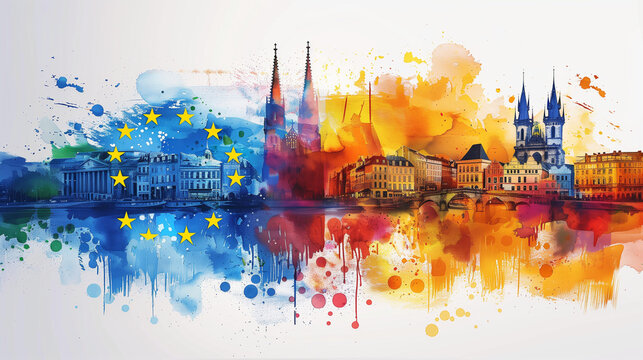 Watercolor painting of European cities with EU flag overlay.
