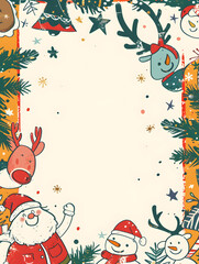 A vibrant Christmas greeting card or wallpaper featuring festive characters such as Santa Claus, reindeer, snowmen, with a Christmas tree decorated with stars and gifts.