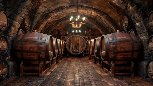 Barrel Aging: A real photo shot of wine barrels aging in dimly lit cellar rooms, where wines develop complex flavors and aromas over time, maintaining naturalness in the cellar environment.