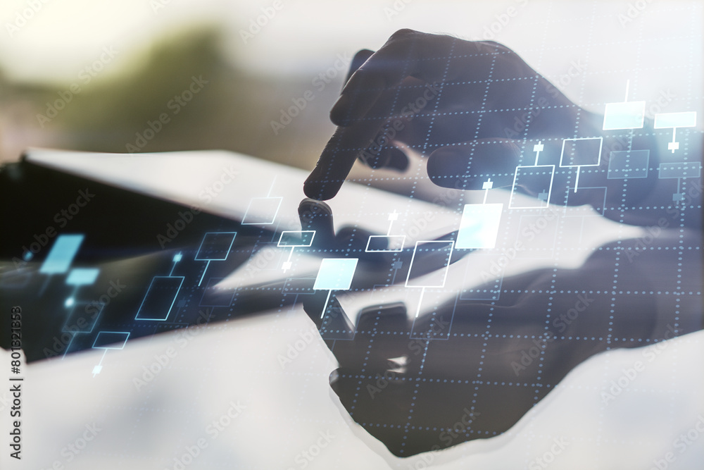 Poster multi exposure of abstract creative financial chart with finger presses on a digital tablet on backg