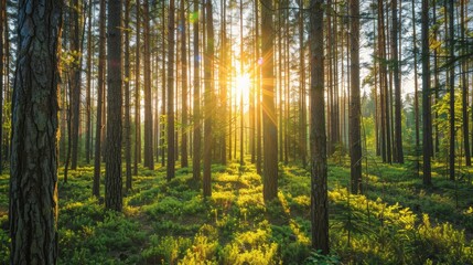 Sunrise, sunshine, trees in nature forest, trekking woods, or earth growth in Japan adventure, relax, daybreak. Sustainability planet or eco conservation sunset, hiking or leaf environment