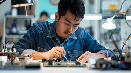 IT, motherboard hardware circuit, and semiconductor or computer repair. CPU system maintenance, service industry profile, and tech lab IT worker mending microchip