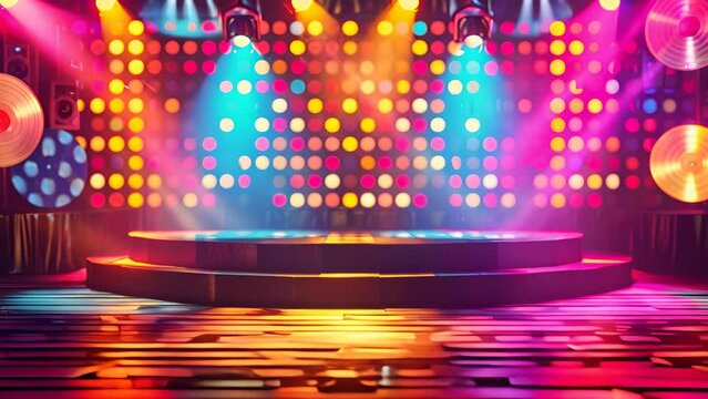 A brightly lit stage with colorful lights and a disco ball. The stage is empty and ready for a performance